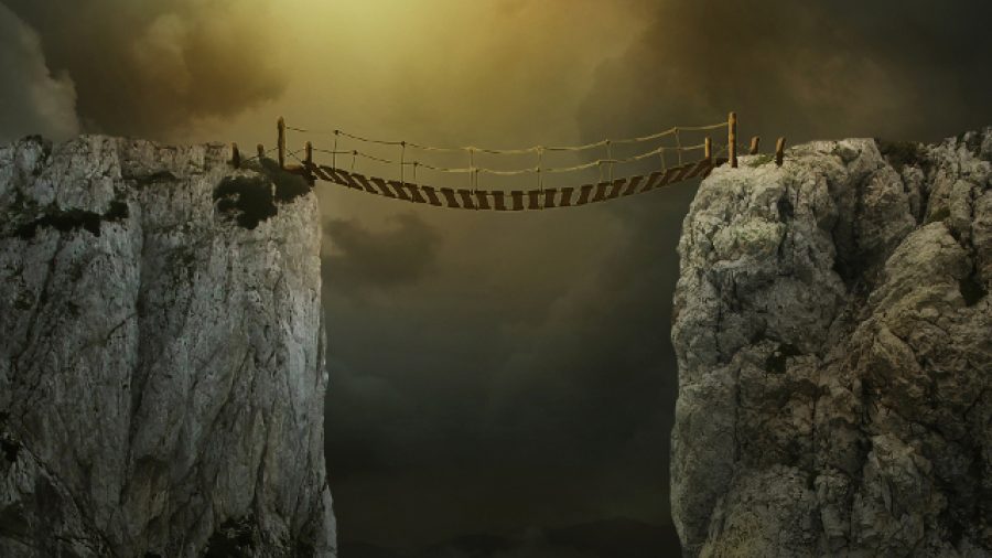 Fantasy landscape with cliffs and bridge. Photo manipulation. 3D rendering.